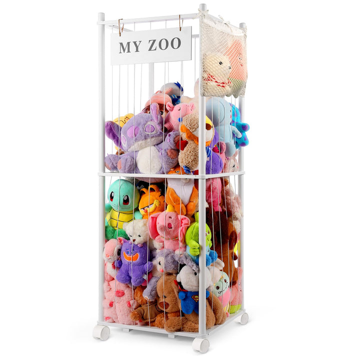 Massivholz Kuscheltier Aufbewahrung mit 360° Rollen &amp; Bremse – inkl. Baumwollnetz, Plüschtier Organi