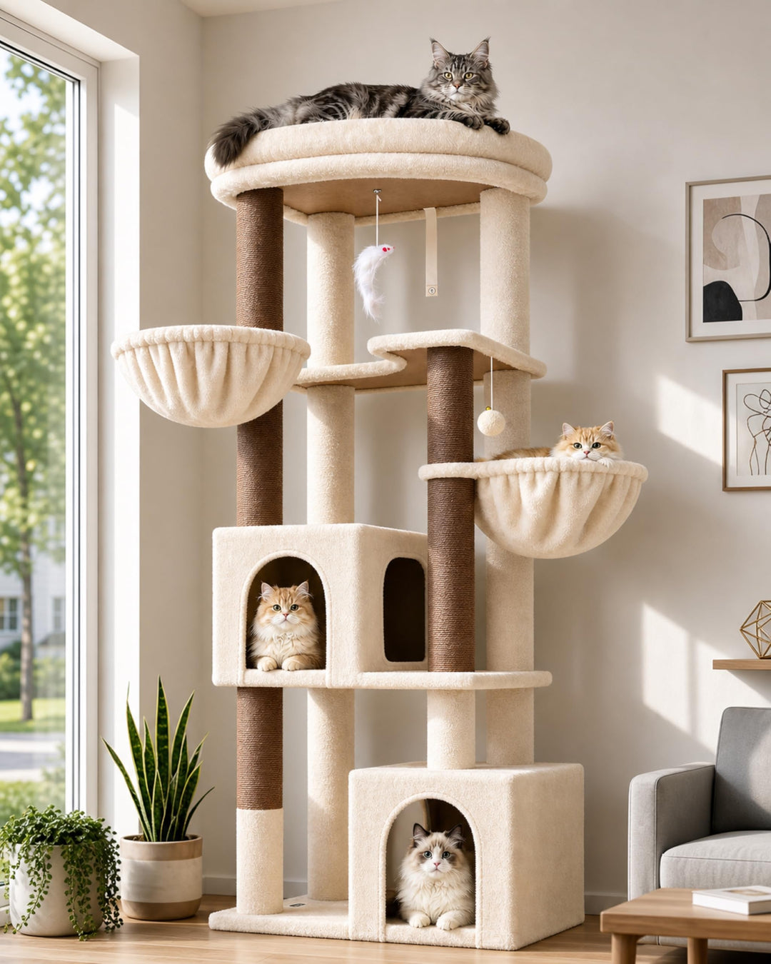 Globlazer C64 Kratzbaum Beige Stabil für Grosse Katzen 163 cm Eckkratzbaum | Stabil Katzenbaum mit E