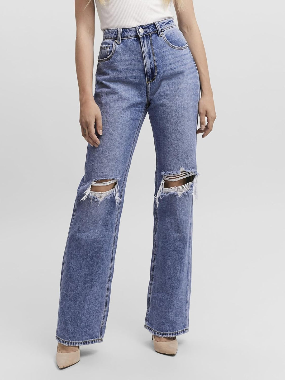 VERO MODA Female Straight-Fit VMKITHY Hohe Taille Jeans 27 Medium Blue Denim, 27 Medium Blue Denim