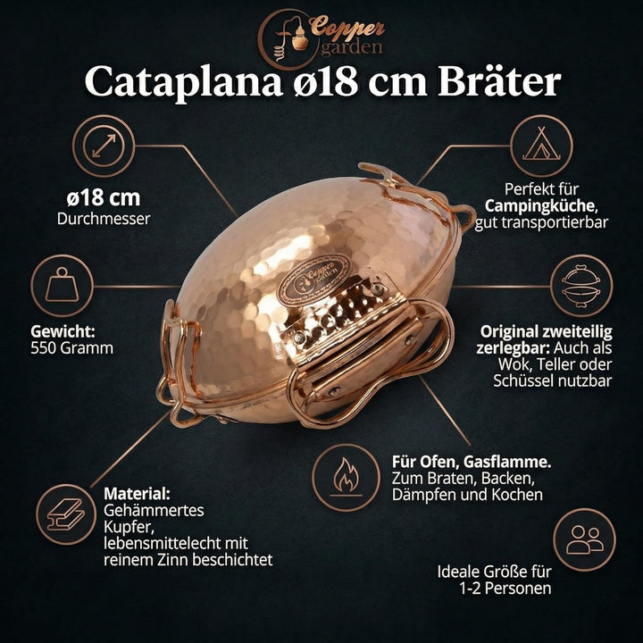 CopperGarden® Cataplana Bräter aus handverzinntem gehämmerten Kupfer mit ca 18 cm Durchmesser I Port