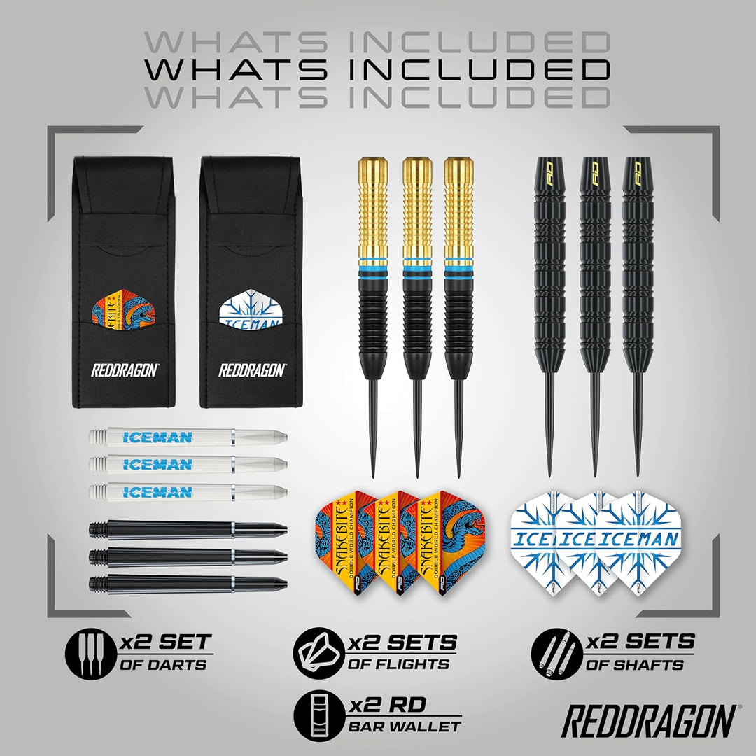 RED DRAGON Peter Wright 'Snakebite' v Gerwyn Price 'Iceman' DWC Steel Tip Dartset aus Messing mit Fl