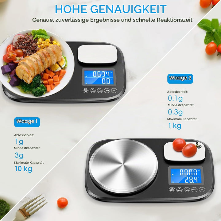 Brifit Küchenwaage mit Dualer Plattform, 10Kg /1g und 1Kg/0,1g，Digitalwaage mit 7 Einheiten, Tara Fu