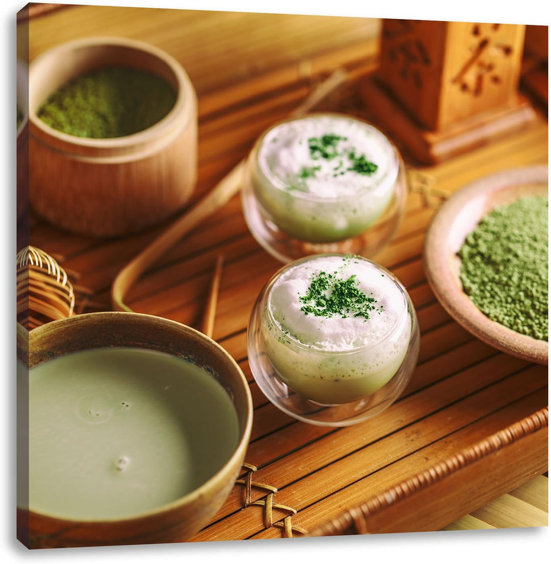 Pixxprint schön dekorierter Matcha Tee, Format: 70x70 auf Leinwand, 70x70
