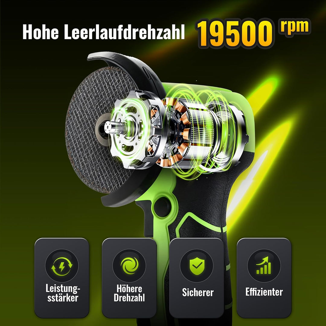 DEWINNER Akku-Winkelschleifer 19 500 U/min - 76mm Schleifscheibe, 2 Akkus 2000mAh, 6 Schneidscheiben