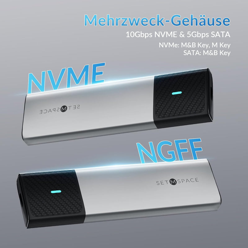 NVMe Gehäuse [Werkzeuglos], SETMSPACE M2 SSD Gehäuse [NVMe & SATA], M.2 SSD Gehäuse mit 2-in-1 Kabel