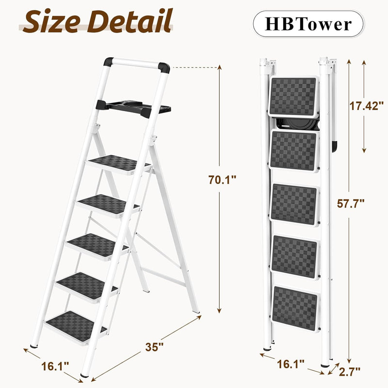 HBTower Trittleiter 5 Stufen Klappbar, Leiter 5 Stufen,stufenleiter,Leiter mit breitem Anti-Rutsch-P