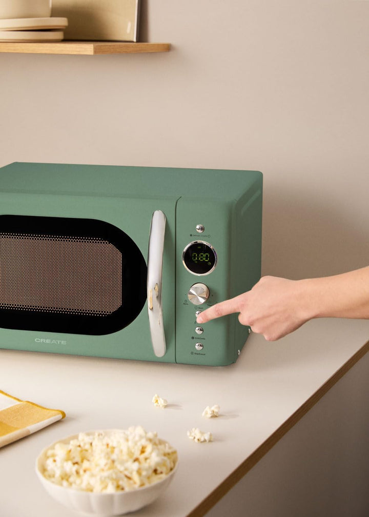 CREATE/MICROWAVE RETRO/Digitale Mikrowelle mit Grillfunktion Salbeigrün/Retro-Stil, 20L Fassungsverm