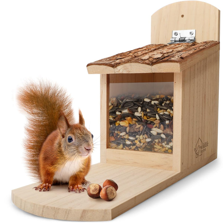 WILDLIFE HOME Eichhörnchen Futterhaus stabil aus Massivholz mit Rindendach - Wetterfest, Eichhörnche
