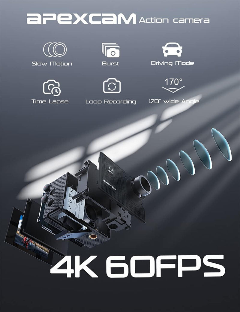 Apexcam Pro Action Cam 4K 60fps WiFi 20MP Unterwasserkamera 40M Wasserdicht 8xZoom EIS 170° Weitwink