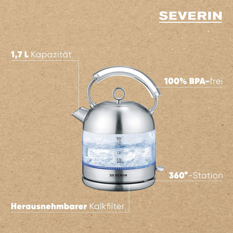 SEVERIN Retro Glas Wasserkocher, leistungsstarker und kompakter Wasserkocher im hochwertigen Retro D