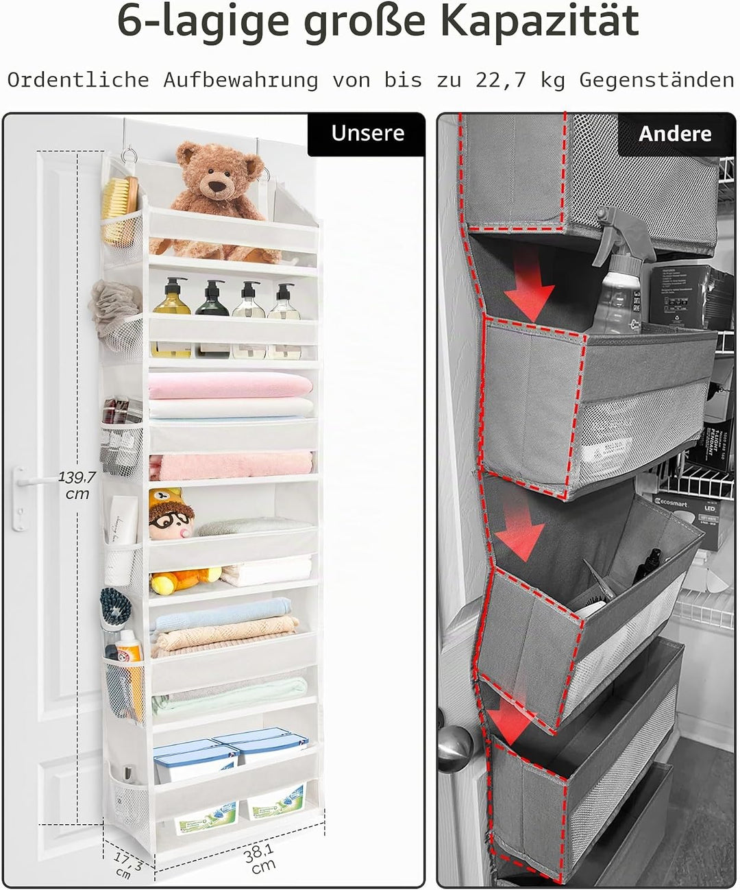 ULG Over The Door Organizer mit 6 grossen Fächern, 12 Seitentaschen, 50lbs Gewichtskapazität für Sch