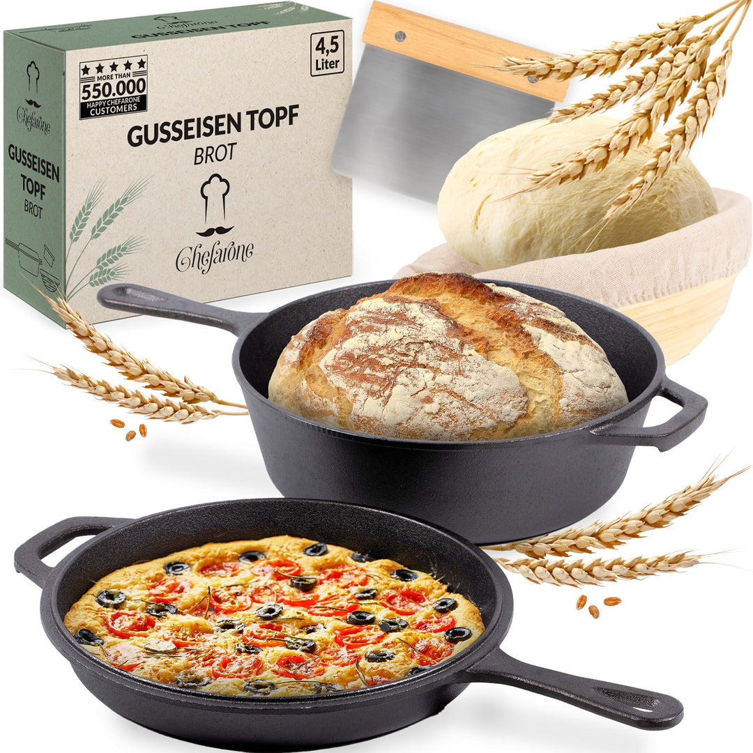 Chefarone Gusseisen Topf mit Griff 2in1 inkl. Gärkorb und Teigschaber - Brotbackform mit Deckel 3L -