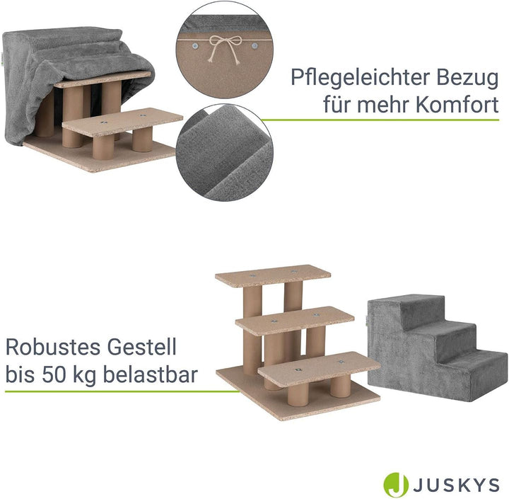 Juskys Haustiertreppe Hundetreppe 36 cm - Treppe 3 Stufen Plüsch-Bezug waschbar - Katzentreppe Hunde