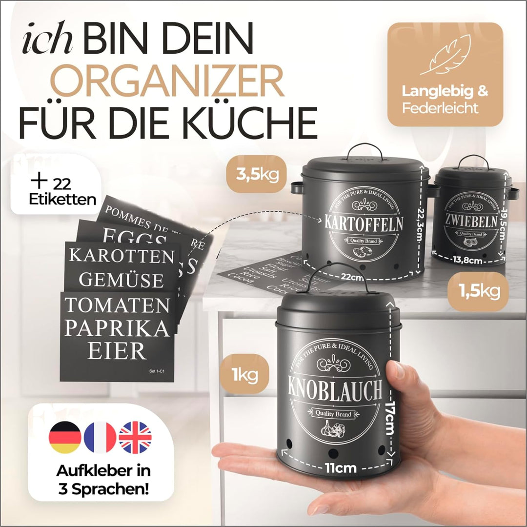 IDEALTASTIC®️ Premium Kartoffel Aufbewahrungsbox [3 Stück] I Vielseitiges Kartoffeltopf Set mit 360°