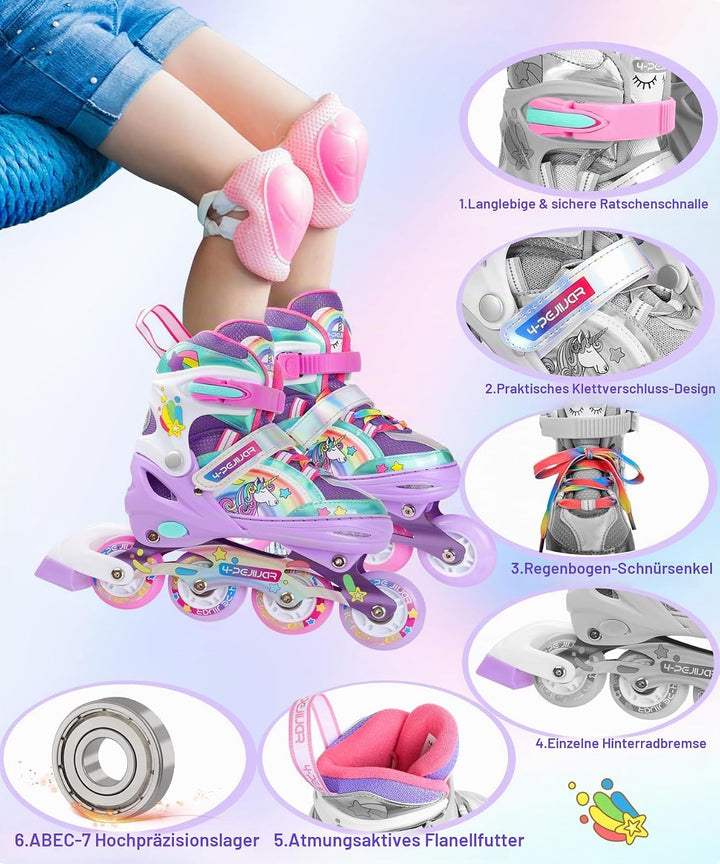 Einhorn Inliner für Mädchen Kinder Grössen Verstellbar Regenbogen Inline Skates für Anfänger Teenage