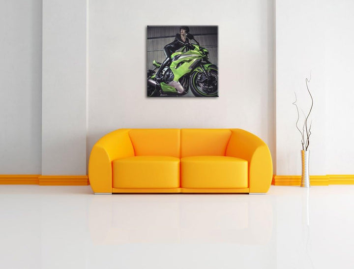 Pixxprint Sexy Neon grünes Bike mit Model 70x70cm Leinwandbild Wandbild Kunstdruck