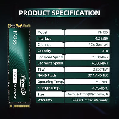 Fikwot FN955 4TB M.2 PCIe Gen4 Internes Solid State Drive mit Graphene Kühlaufkleber - Bis zu 7350 M