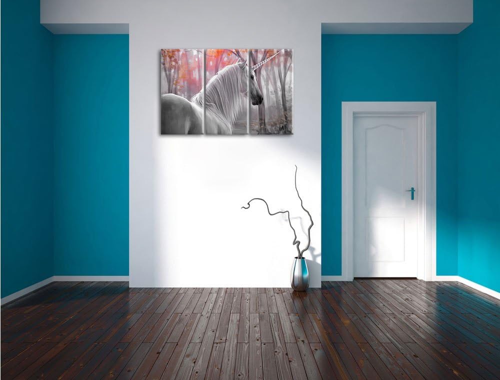 Pixxprint Einsames Einhorn im Wald als Leinwandbild/Grösse: 3 Teilig (120x80 cm) cm/Wandbild/Kunstdr