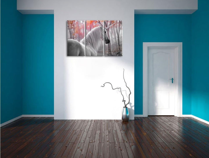 Pixxprint Einsames Einhorn im Wald als Leinwandbild/Grösse: 3 Teilig (120x80 cm) cm/Wandbild/Kunstdr