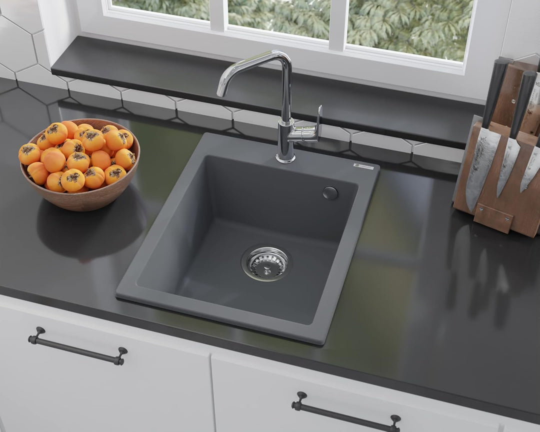 GRANMASTER Ivo Spülbecken Küche - mit 1 Becken - Granitspüle mit Siphon Waschbecken Küche - Einbausp