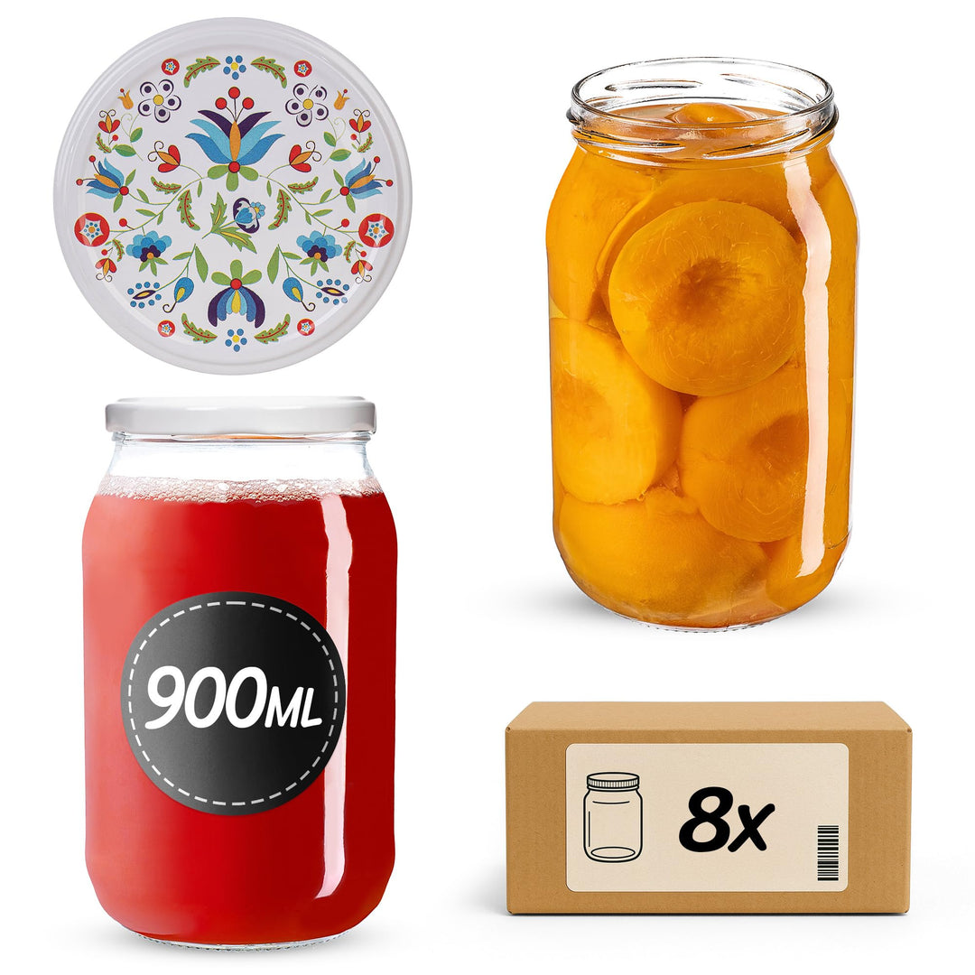 KADAX 8er Set Einmachgläser 900ml TO82 Flowers, Pack of 8, Grosse Sturzgläser mit Schraubdeckel, Ein