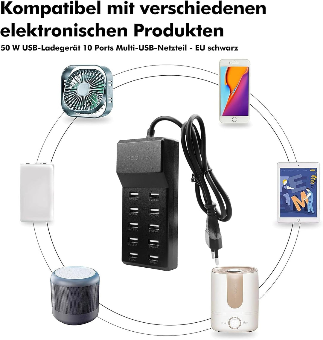 USB Ladegerät Mehrfach 10 Port, 50W USB Stecker Multi Hub Ladestation, Mehrfachstecker Adapter Kmpat