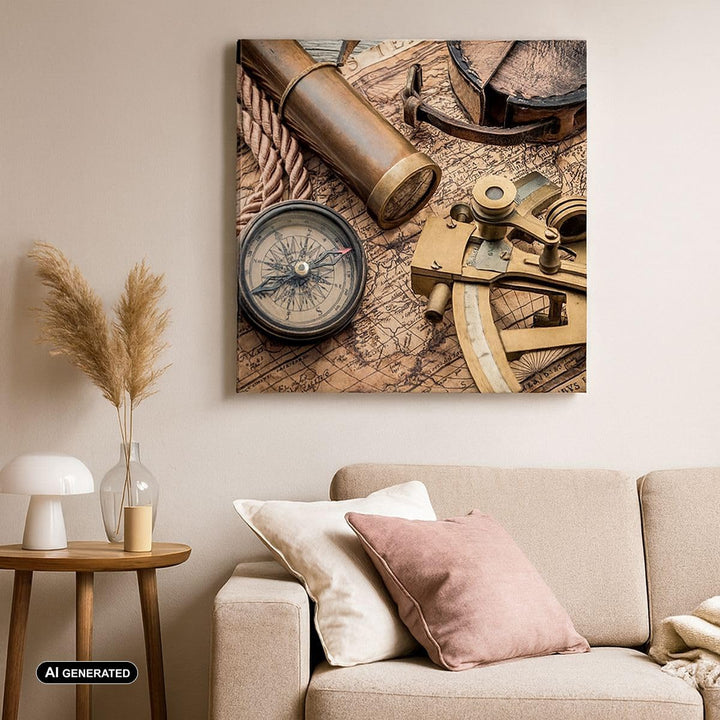 Bilder auf Leinwand 70x70cm Leinwandbild mit Rahmen Kompass Kompass Karte Gross Wanddeko Bild Schlaf