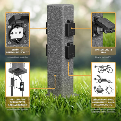 ledscom.de Garten Steckdosensäule POCK, Outdoor, IP44, 4-fach, anthrazit (Stein-Optik), eckig, 40 cm