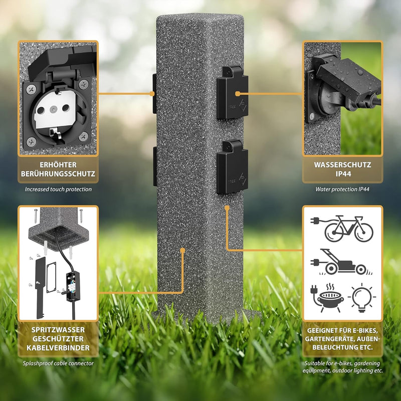 ledscom.de Garten Steckdosensäule POCK, Outdoor, IP44, 4-fach, anthrazit (Stein-Optik), eckig, 40 cm
