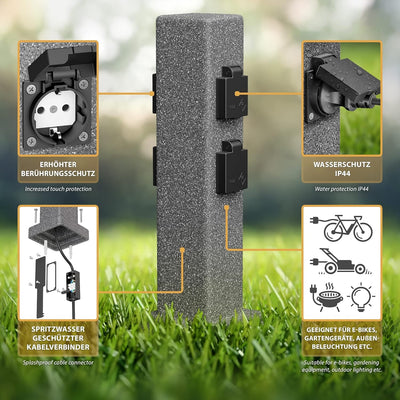 ledscom.de Garten Steckdosensäule POCK für aussen, IP44, 4-fach, anthrazit (Stein-Optik), eckig, 40