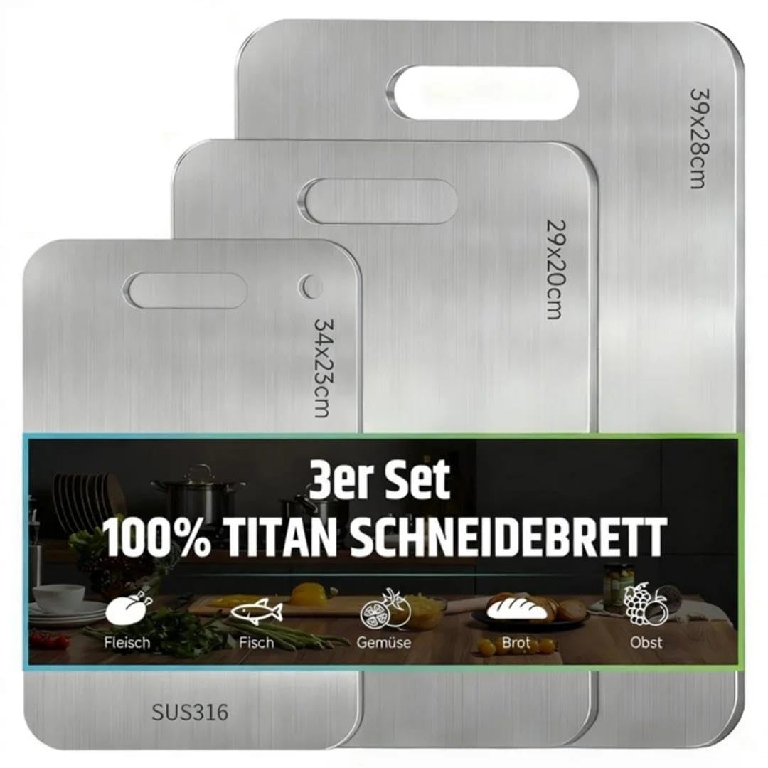 3 Stück Titan Schneidebrett Set S316 - Schneidebretter Edelstahl Doppelseitiges Lebensmittel BPA-fre