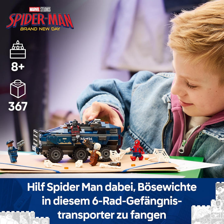 LEGO | Marvel Spider-Man Jagt den Gefängnistransporter - Superhelden Spielzeug mit gepanzertem Fahrz