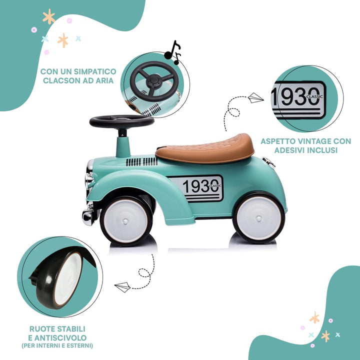 Vintage Rutschfahrzeug für Kinder von 12 bis 36 Monaten, Retro Rutschauto mit Hupe, Staufach, Lenkst