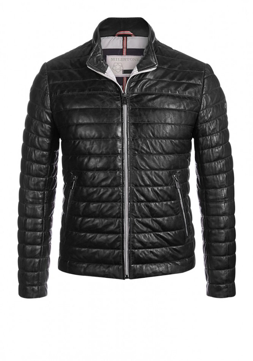 MILESTONE Herren Lederjacke Steppjacke Tereno Schwarz Stehkragen Echtes Leder Gr. 46-62 (56, Schwarz