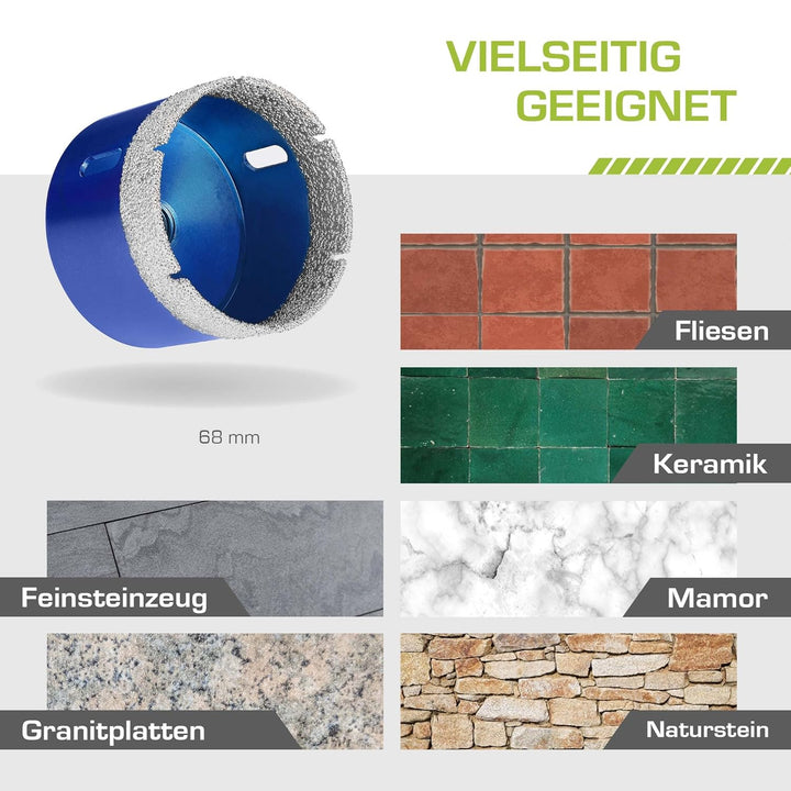 Profi Fliesenbohrer 68mm x M14 - Diamantbohrer für harte Fliesen, Feinsteinzeug uvm. Diamantbohrkron