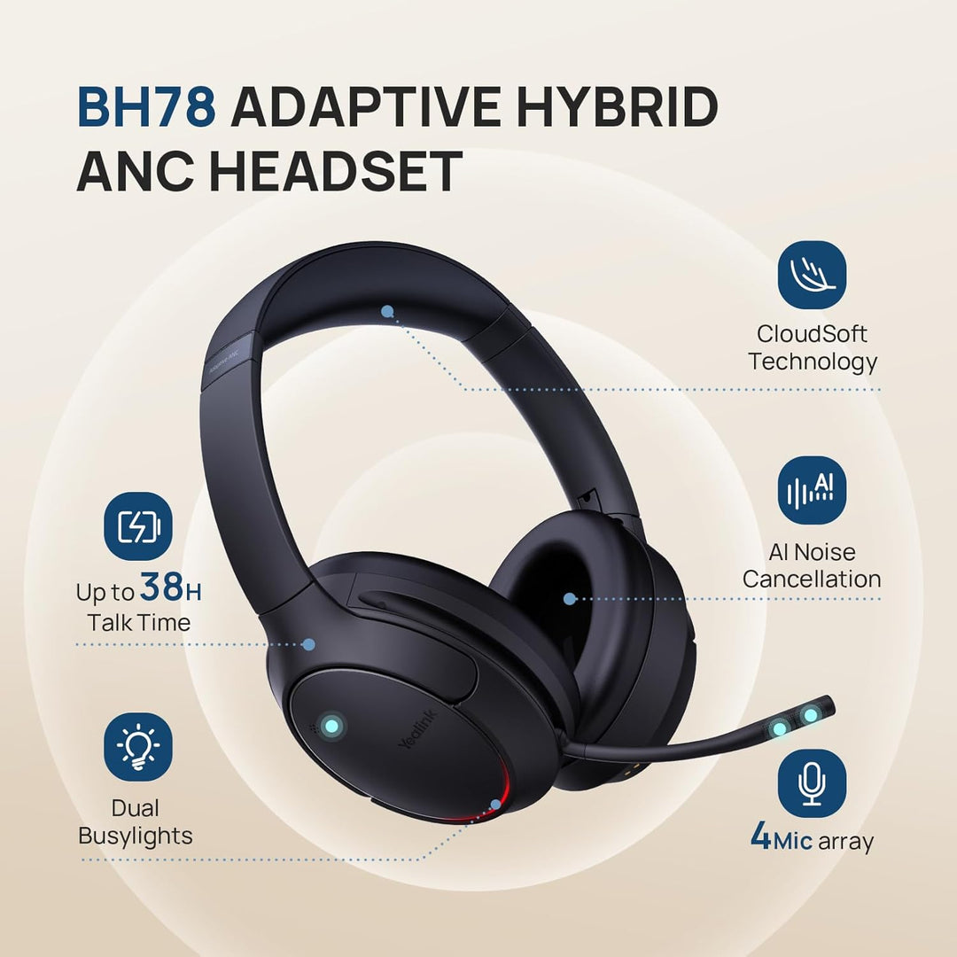 Yealink BH78 Bluetooth Headset mit Lärmschutz Mikrofon, Kopfhörer Over Ear für Homeoffice, Zoom/Team