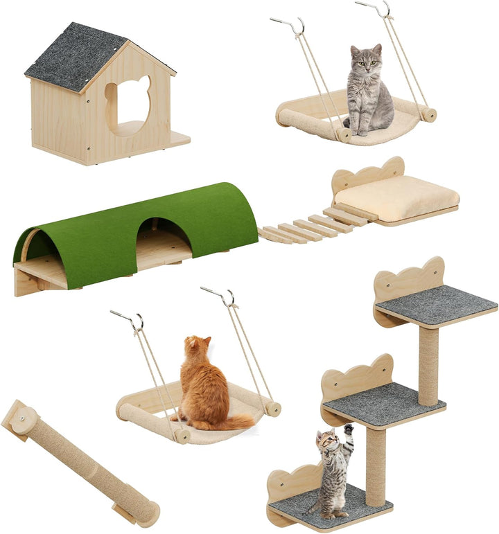 YITAHOME Katzenkletterwand-Set, Stabiler Holz Katzenmöbel, 7-Teilig Katzen Wandelemente mit Katzenha
