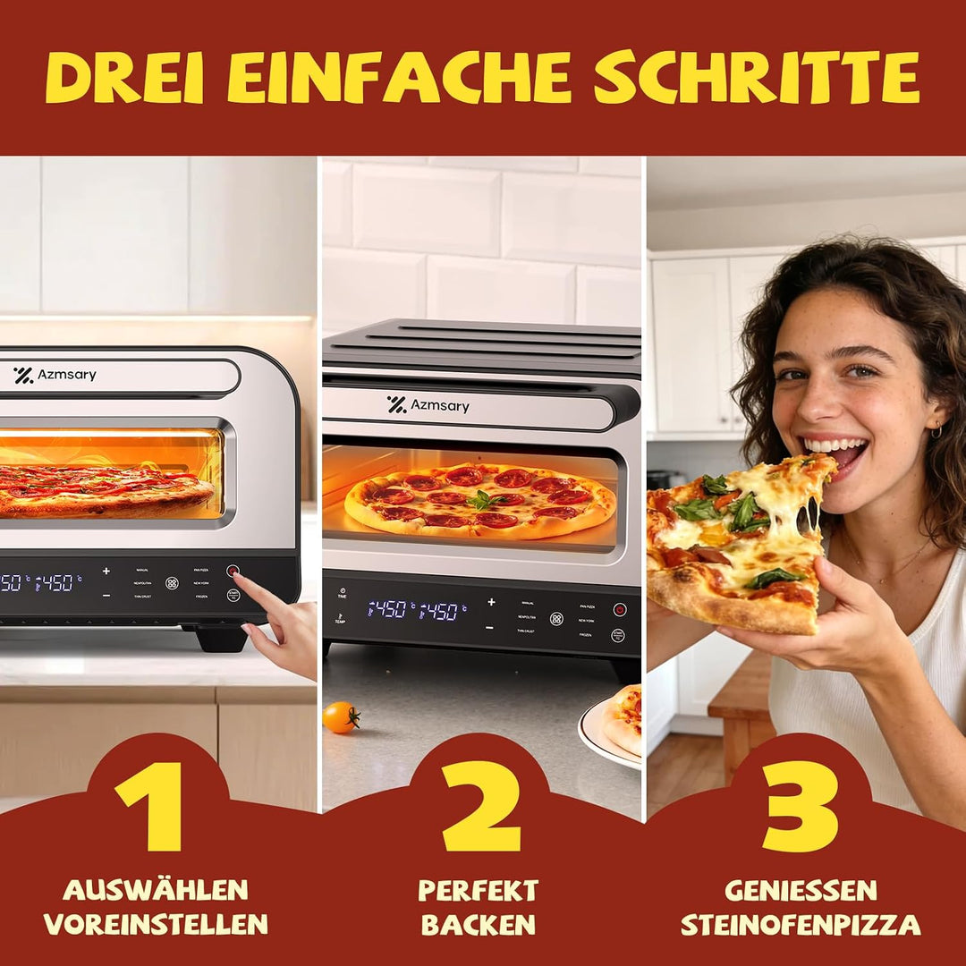 Elektrischer Pizzaofen - 6 Programme, 1700W, max. 450°C, geeignet für 32cm Pizzen - 5-in-1-Multifunk