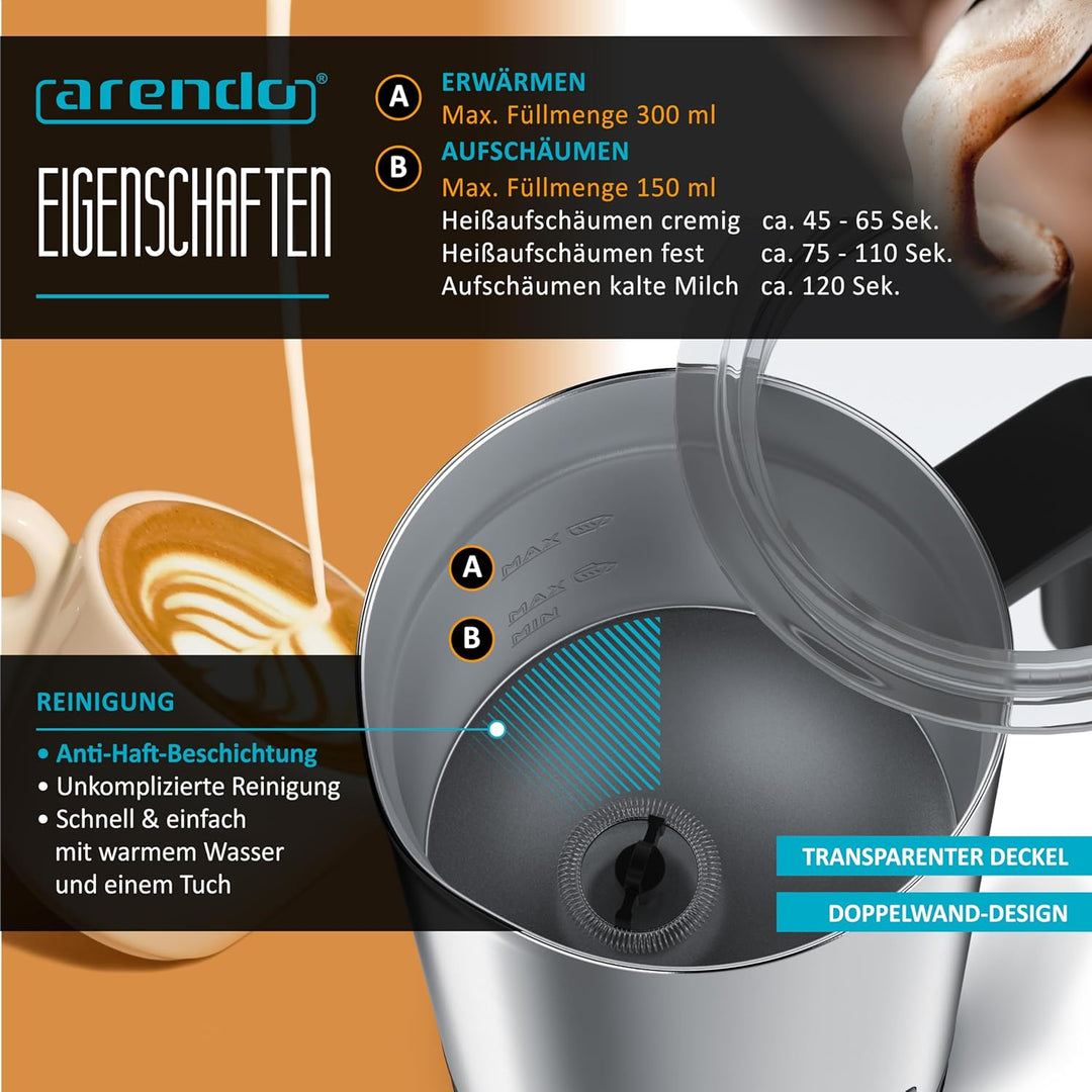 Arendo - 4 in 1 Edelstahl Milchaufschäumer elektrisch – Doppelwandgehäuse – 4 Programme - heiss und
