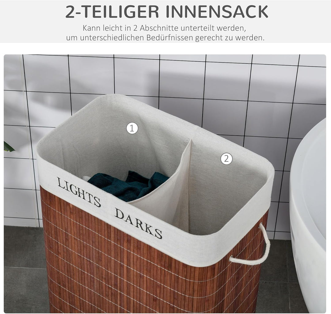 HOMCOM Bambus Wäschekorb schmal mit Deckel 100L Wäschesammler mit Griffen, 2 herausnehmbarer Wäsches