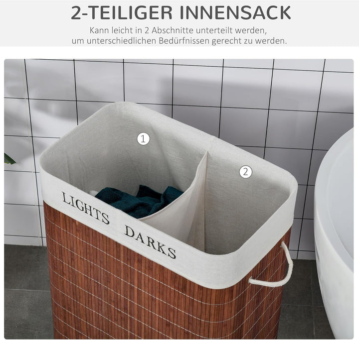 HOMCOM Bambus Wäschekorb schmal mit Deckel 100L Wäschesammler mit Griffen, 2 herausnehmbarer Wäsches