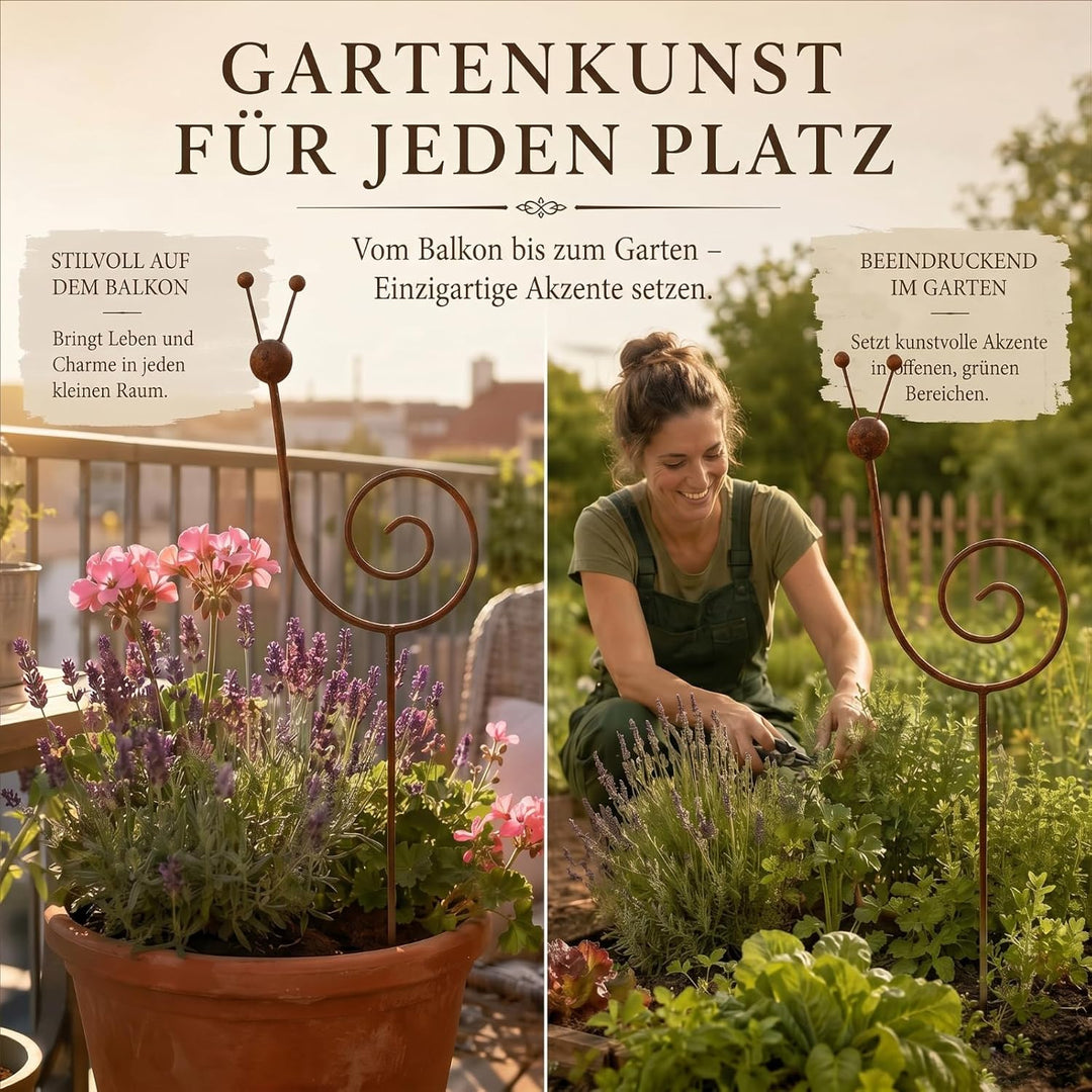 Rostige Gartendeko Vintage, Pflanzenstütze aus Metall in Schneckenform, Gartenstecker Rost, Geeignet