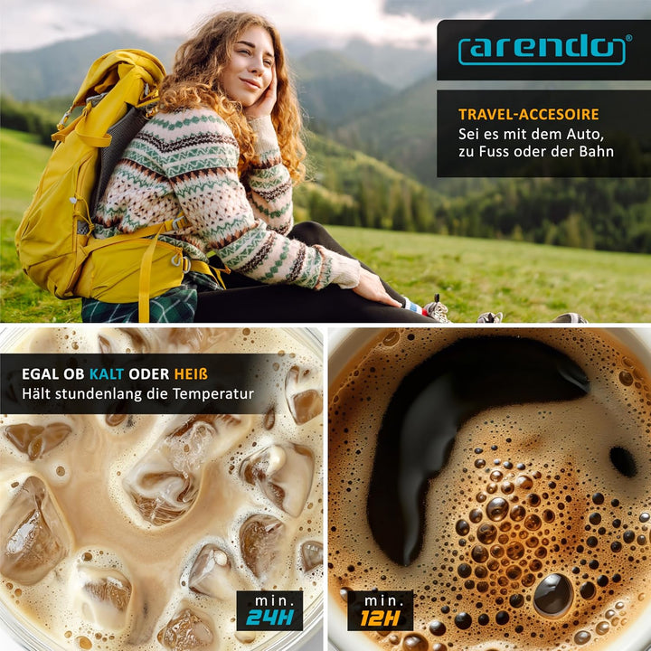 Arendo - Thermoskanne 1l Edelstahl – mit 2 Becher - Thermosflasche doppelwandig - 1000ml - One Click