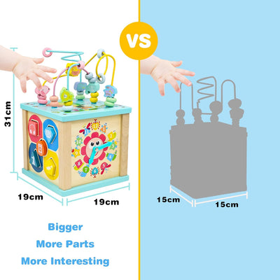 Fajiabao Motorikwürfel Holzspielzeug ab 1 Jahr - 5 in 1 Motorikspielzeug mit Motorikschleife Activit