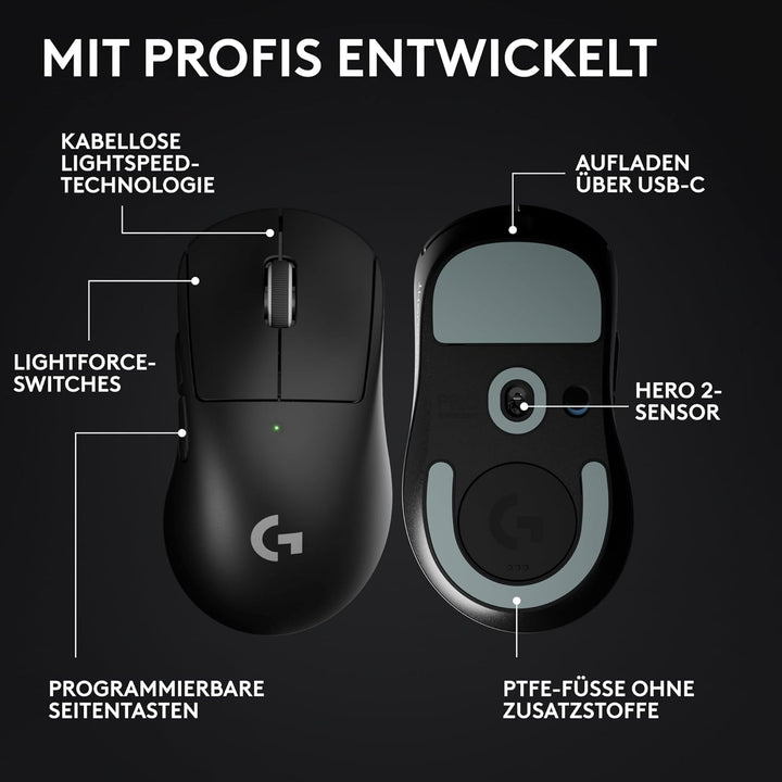 Logitech G PRO X SUPERLIGHT 2 DEX LIGHTSPEED kabellose Gaming-Maus, West Europa Verpackung, 60 g lei