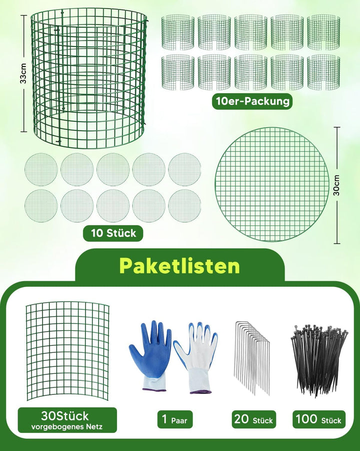 10er Set Pflanzen Schutzgitter mit Deckel, 33cm Hohes Grünes Metall Pflanzenschutzkäfig mit Handschu