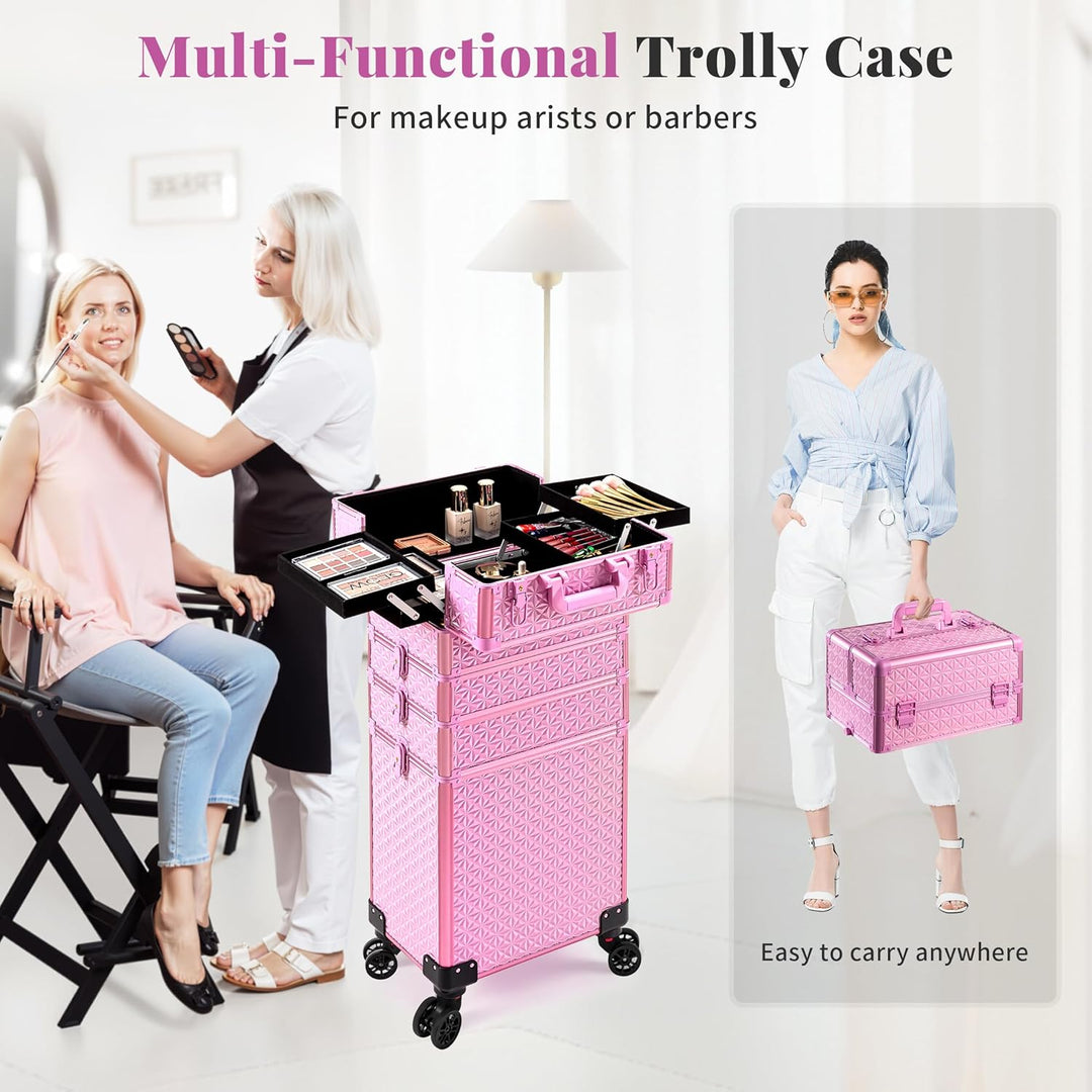 Arous 5-in-1 Profi-Kosmetikkoffer, Aluminium, mit 360° drehbaren Rädern Hellrosa, Hellrosa