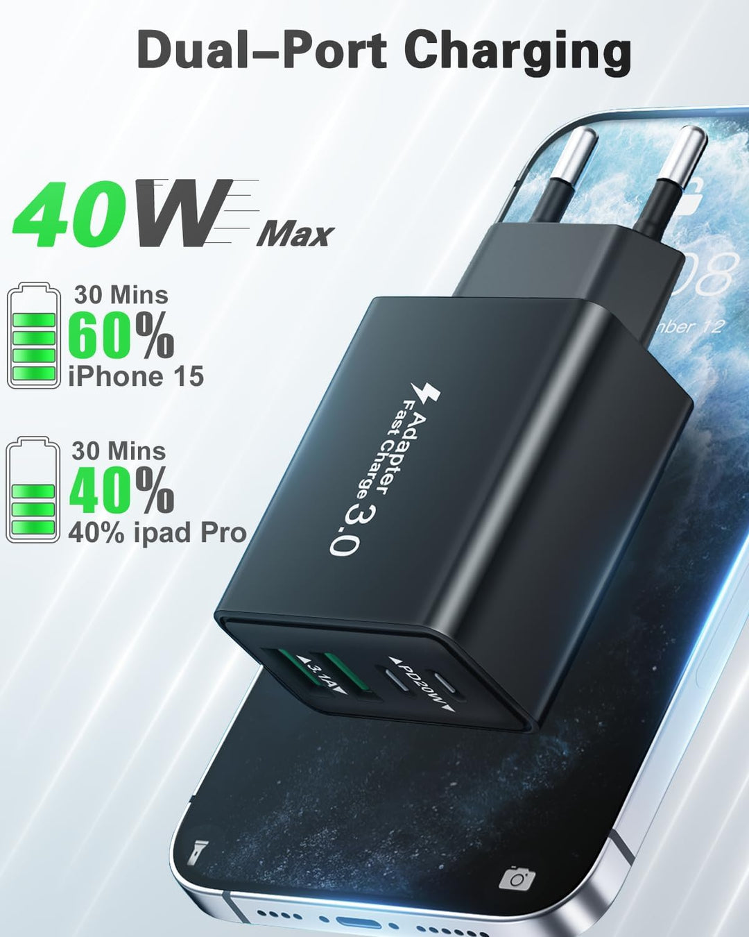 2-Pack Stecker USB C, 40W 4 Ports mit USB-C Adapter+QC Ladegerät Mehrfach Schnellladegerät USBC Lade