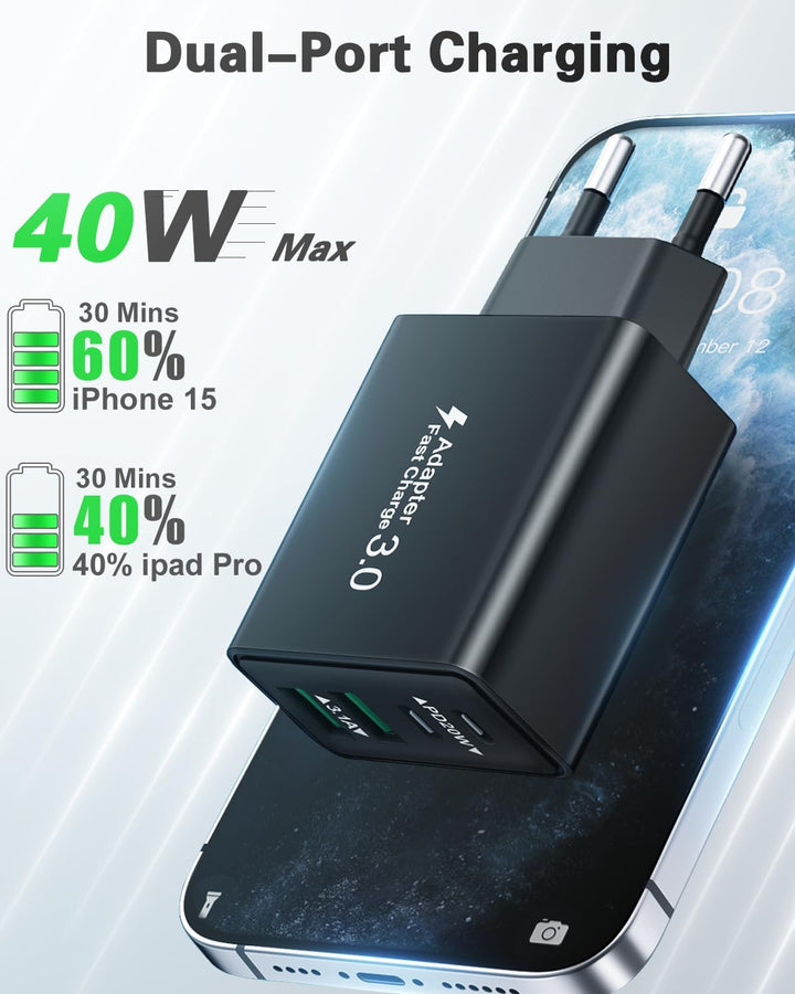 2-Pack Stecker USB C, 40W 4 Ports mit USB-C Adapter+QC Ladegerät Mehrfach Schnellladegerät USBC Lade