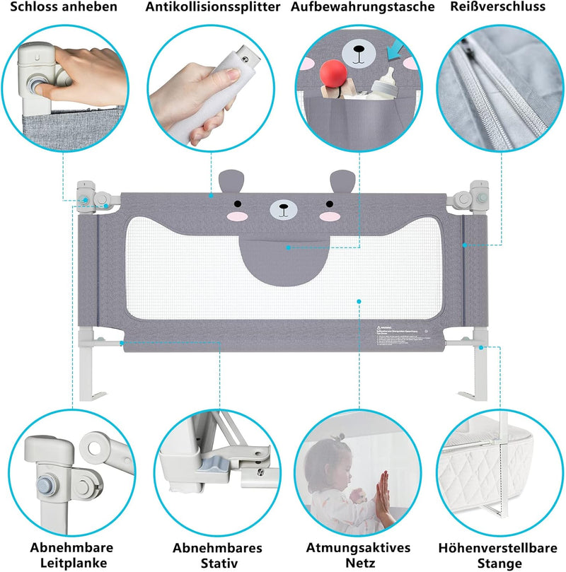 UISEBRT Kinder Bettgitter Bettschutzgitter 200cm - Bett rausfallschutz Kinder, Höhenverstellbar Kind